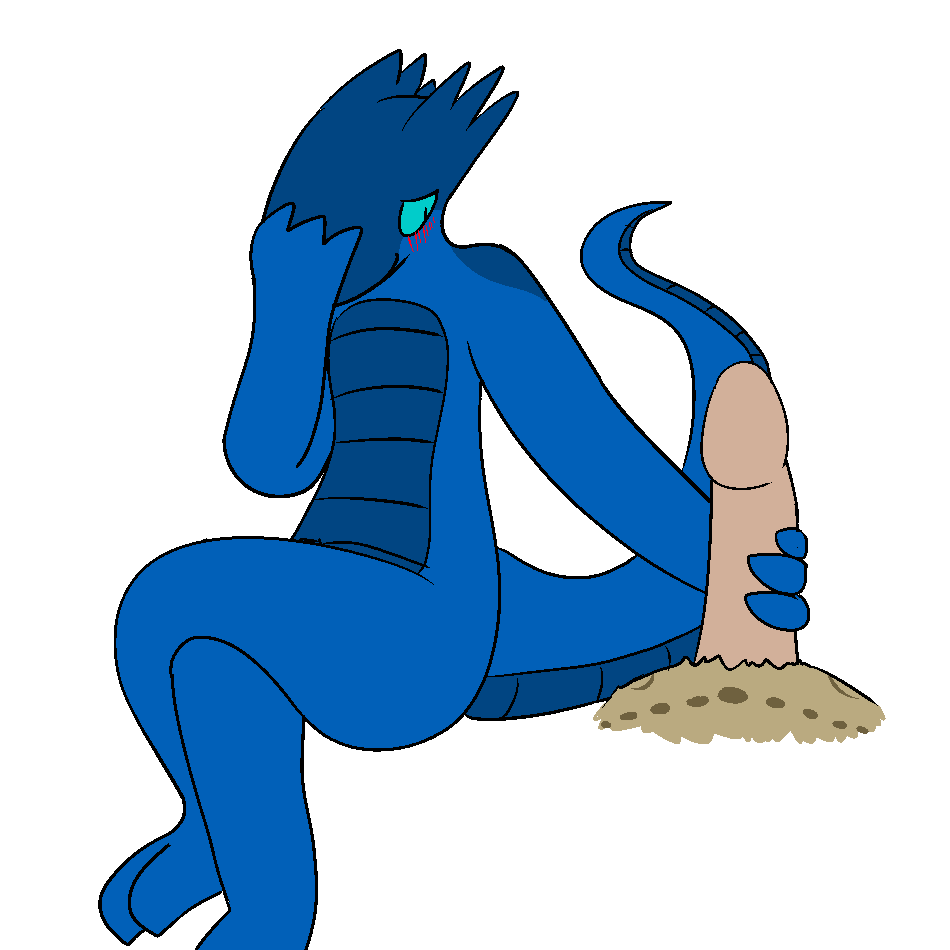 2015 aliasing anthro blush crossed_legs disembodied_penis duo female flat_chested handjob interspecies kobold lolori male nude penis reptile scalie sex size_difference smile solo_focus straight trout_(artist)