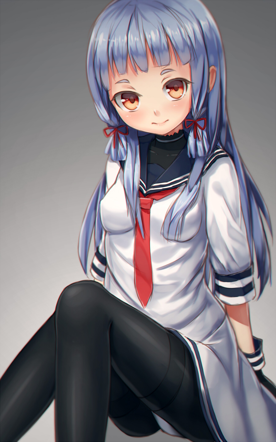 bangs black_legwear blunt_bangs chromatic_aberration dress gloves hair_ribbon highres kantai_collection long_hair looking_at_viewer murakumo_(kantai_collection) orange_eyes pantyhose ribbon sailor_dress shone short_dress short_eyebrows silver_hair simple_background sitting solo thighband_pantyhose tress_ribbon