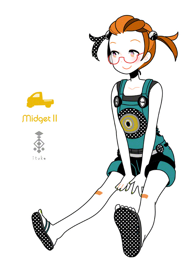 1-tuka 1girl artist_name brown_eyes brown_hair daihatsu english full_body glasses original overalls personification polka_dot sandals short_twintails simple_background sitting smile solo twintails white_background