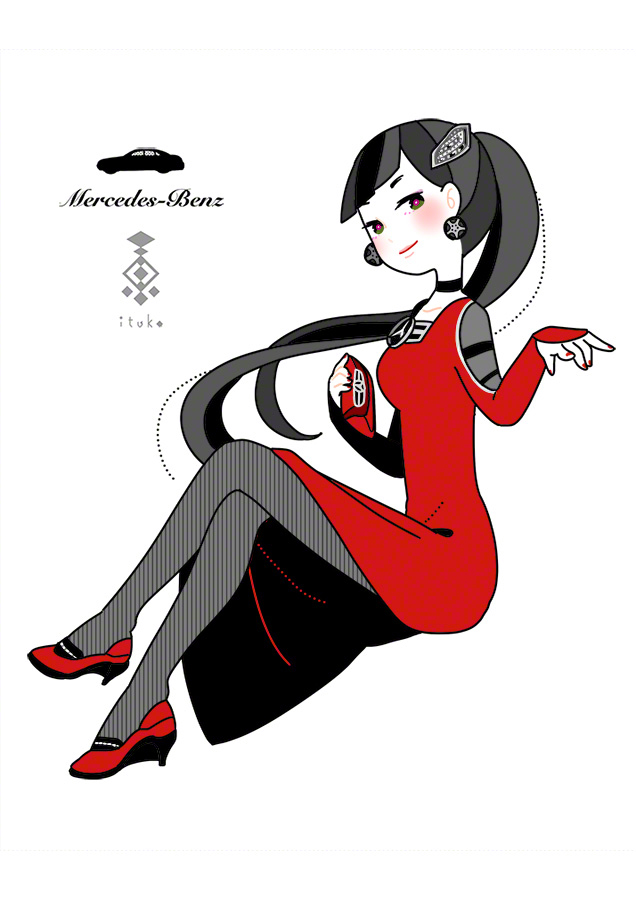 1-tuka 1girl artist_name black_hair dress earrings english from_side full_body high_heels holding jewelry mercedes-benz nail_polish original pantyhose personification ponytail red_dress red_eyes simple_background sitting smile solo white_background