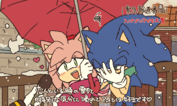 1girl amy_rose blush bukiko covering_face facepalm furry hand_on_own_face heart holding holding_umbrella meme microphone out_of_frame outdoors shared_umbrella snow sonic sonic_the_hedgehog special_feeling_(meme) translation_request umbrella upper_body