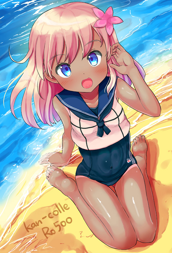 :d adjusting_hair arm_support barefoot beach blonde_hair blue_eyes blush crop_top dada_(esoragoto) error flower from_above gradient_hair hair_flower hair_ornament kantai_collection long_hair looking_at_viewer multicolored_hair one-piece_swimsuit open_mouth outdoors ro-500_(kantai_collection) sailor_collar school_swimsuit school_uniform serafuku sitting smile soles solo swimsuit swimsuit_under_clothes tan tanline wariza water wrong_feet