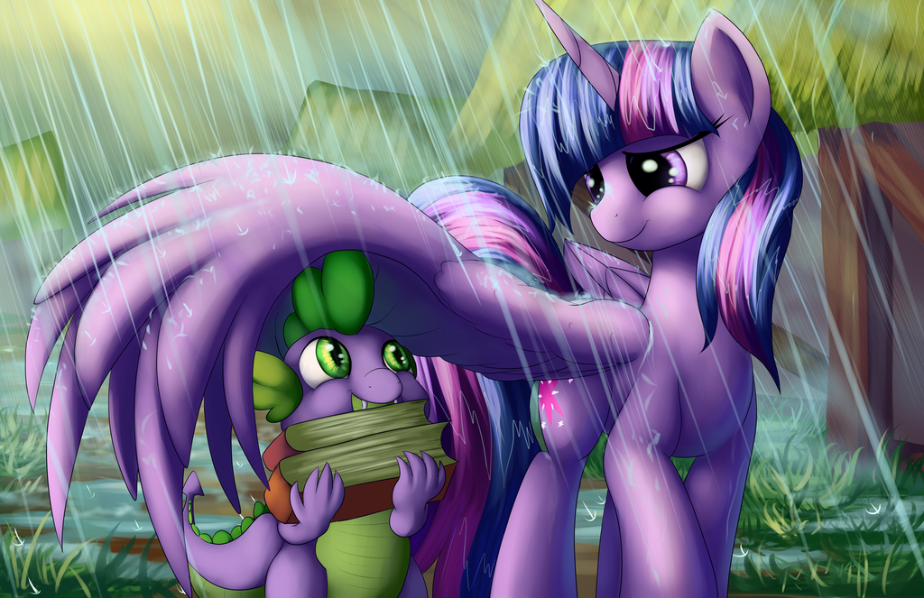 2015 book dragon equine female feral friendship_is_magic grennadder horn male mammal my_little_pony raining spike_(mlp) twilight_sparkle_(mlp) wet winged_unicorn wings