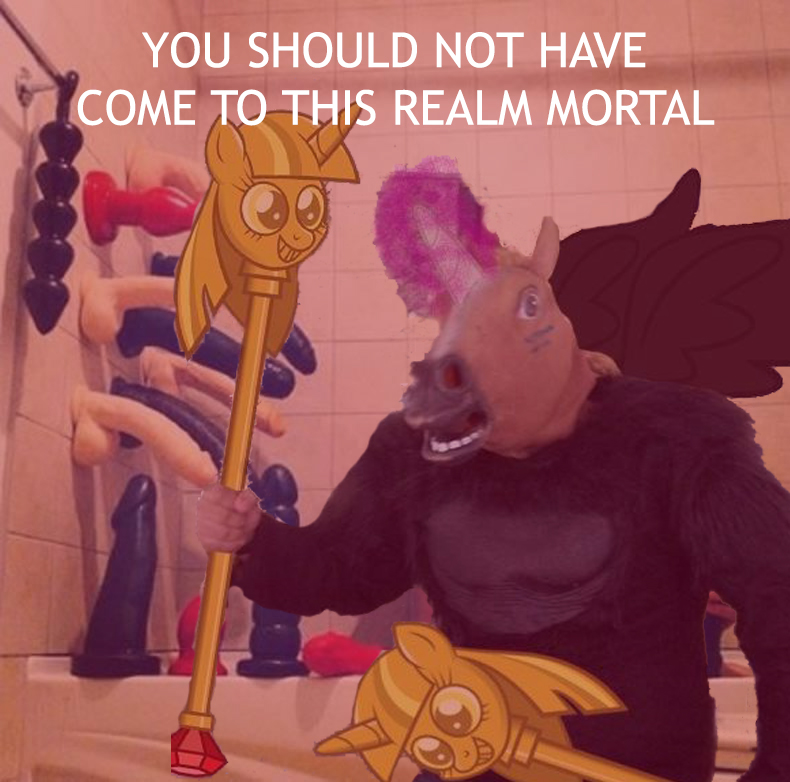 bathroom black_wings buttplug creepy_horse_mask dildo dual_wielding equine friendship_is_magic fursuit gem gold gorilla holding_weapon horse horse_mask human magic mammal my_little_pony photoshop primate reaction_image real sex_toy suit text twilight_scepter_(mlp) unknown_artist weapon what what_has_science_done where_is_your_god_now wings