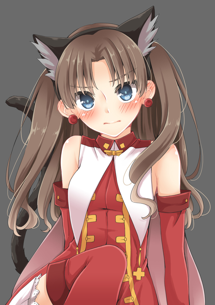 animal_ears asazuki_norito blue_eyes blush brown_hair cat_ears cat_tail ear_blush earrings elbow_gloves fate/hollow_ataraxia fate_(series) gloves jewelry kaleido_ruby magical_girl solo tail thighhighs toosaka_rin two_side_up