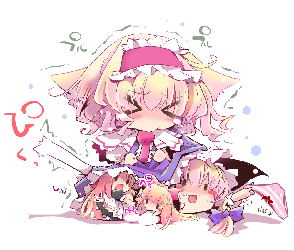 &gt;_&lt; :&gt; alice_margatroid animal_ears blonde_hair blush blush_stickers bow bow_panties braid cat_ears cat_tail chibi closed_eyes clothes_theft doll get hair_bow hairband hat holding holding_panties hourai_doll kemonomimi_mode kirisame_marisa long_hair marisa_stole_the_precious_thing multiple_girls open_mouth panties panties_removed shanghai_doll short_hair single_braid striped striped_panties tail theft touhou trembling underwear underwear_theft usoneko ze_(phrase)