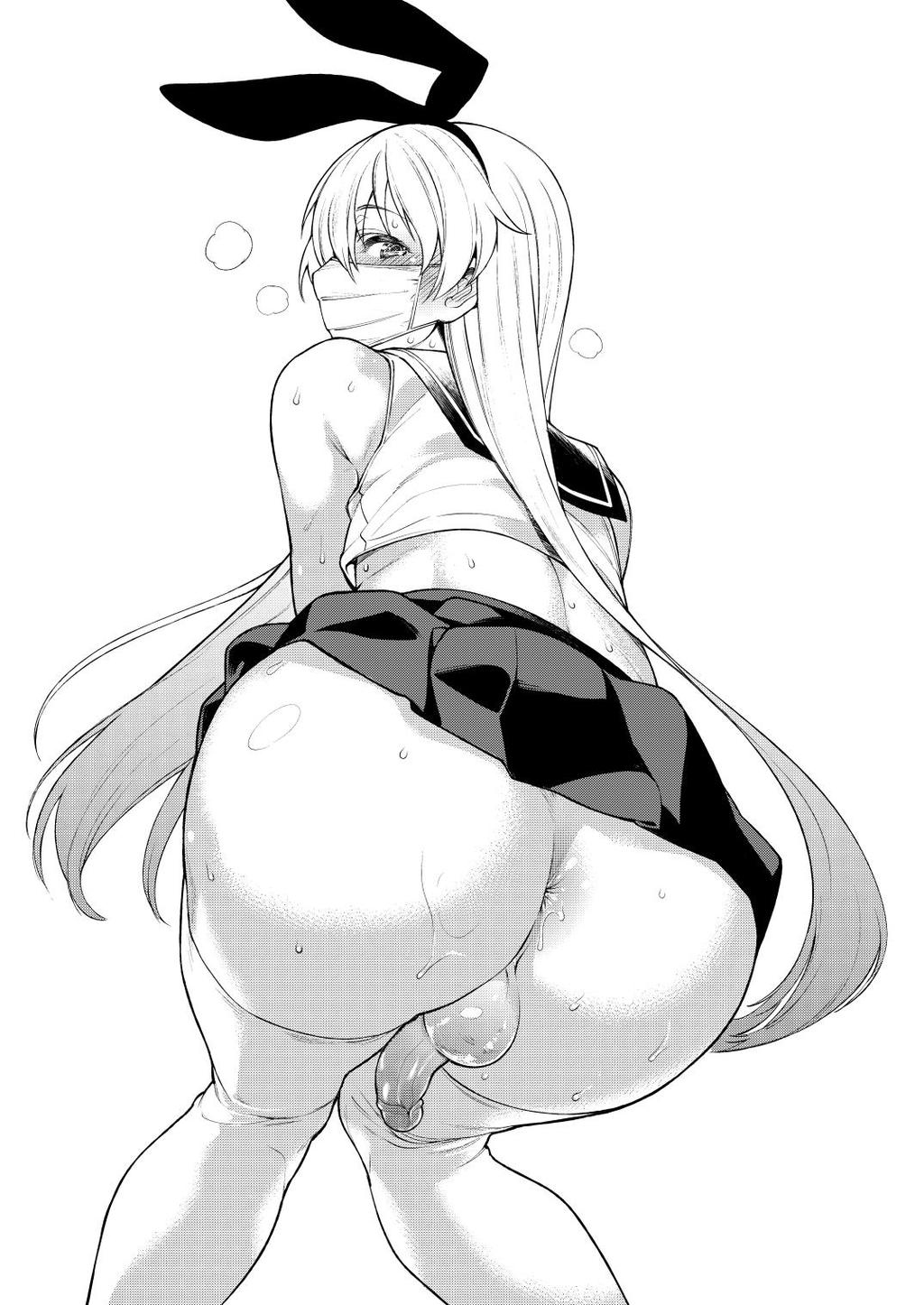 anus ass crossdressing decensored erection face_mask genderswap hairband highres huge_ass kantai_collection long_hair looking_back male_focus mario_(artist) mask monochrome no_panties penis photoshop shimakaze_(kantai_collection) simple_background skirt solo testicles thighhighs trap uncensored white_background