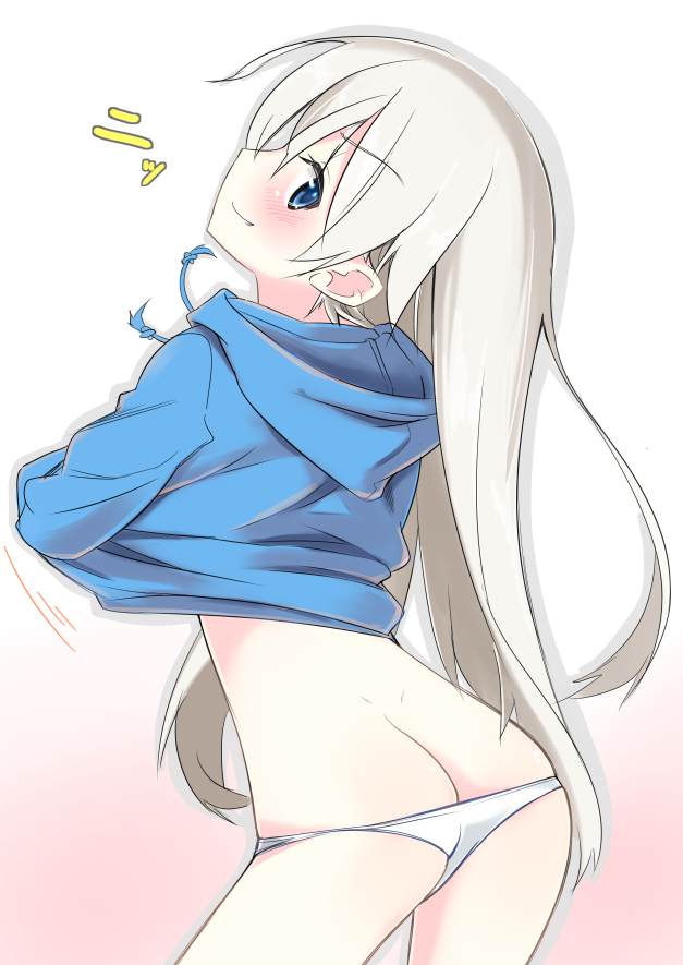 ass blonde_hair blue_eyes blush bottomless butt_crack eila_ilmatar_juutilainen gradient gradient_background hands_in_pockets hood hoodie hoodie_lift long_hair looking_at_viewer no_pants panties smile solo strike_witches underwear world_witches_series yuzuyoukan
