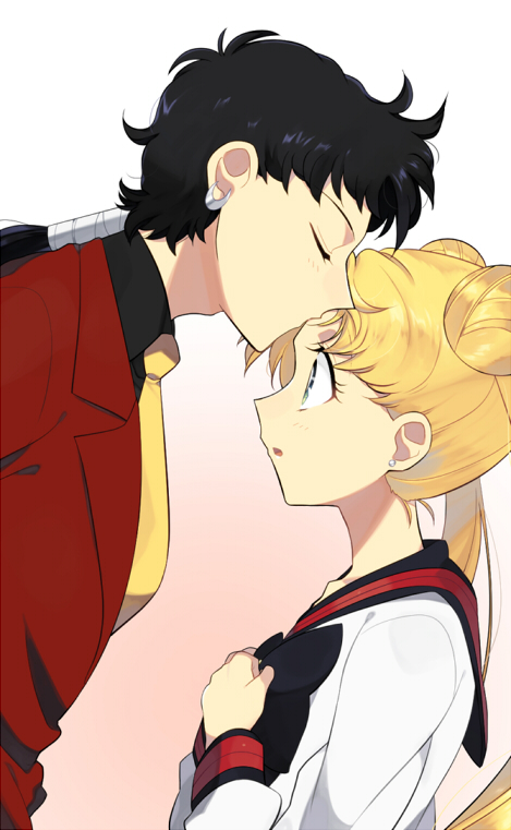 1girl bandages bishoujo_senshi_sailor_moon black_hair blonde_hair blue_bow blue_sailor_collar bow earrings forehead_kiss from_side jewelry juuban_high_school_uniform kiss long_hair petagon profile sailor_collar seiya_kou stud_earrings tsukino_usagi