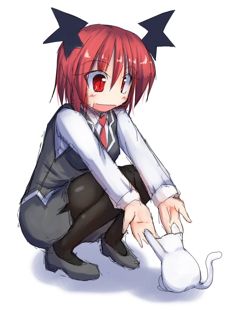 :d animal_ears black_legwear blouse cat_ears head_wings ichidai_taisa koakuma looking_at_another necktie open_mouth pantyhose pencil_skirt reaching red_eyes red_hair red_neckwear short_hair sketch skirt slit_pupils smile solo touhou vest white_blouse