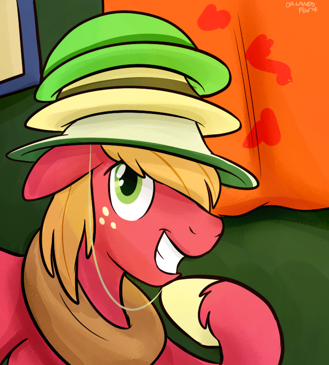 big_macintosh_(mlp) equine freckles friendship_is_magic fur hair hat horse looking_at_viewer male mammal my_little_pony orange_hair pony pose red_fur smile solo teeth thedoggygal