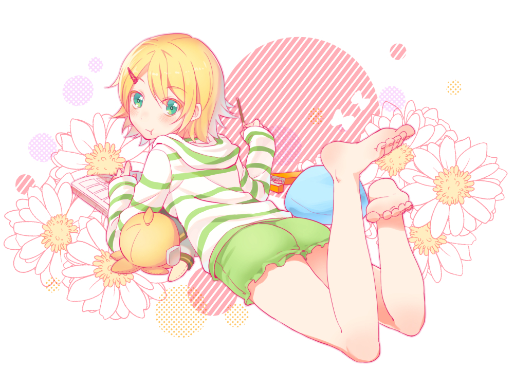 :t aqua_eyes barefoot blonde_hair casual character_doll eating feet flower food from_behind full_body hair_ornament hairclip hood hoodie kagamine_len kagamine_rin looking_at_viewer looking_back lying on_stomach pocky short_hair short_shorts shorts sleeves_past_wrists solo taranbo vocaloid white_background