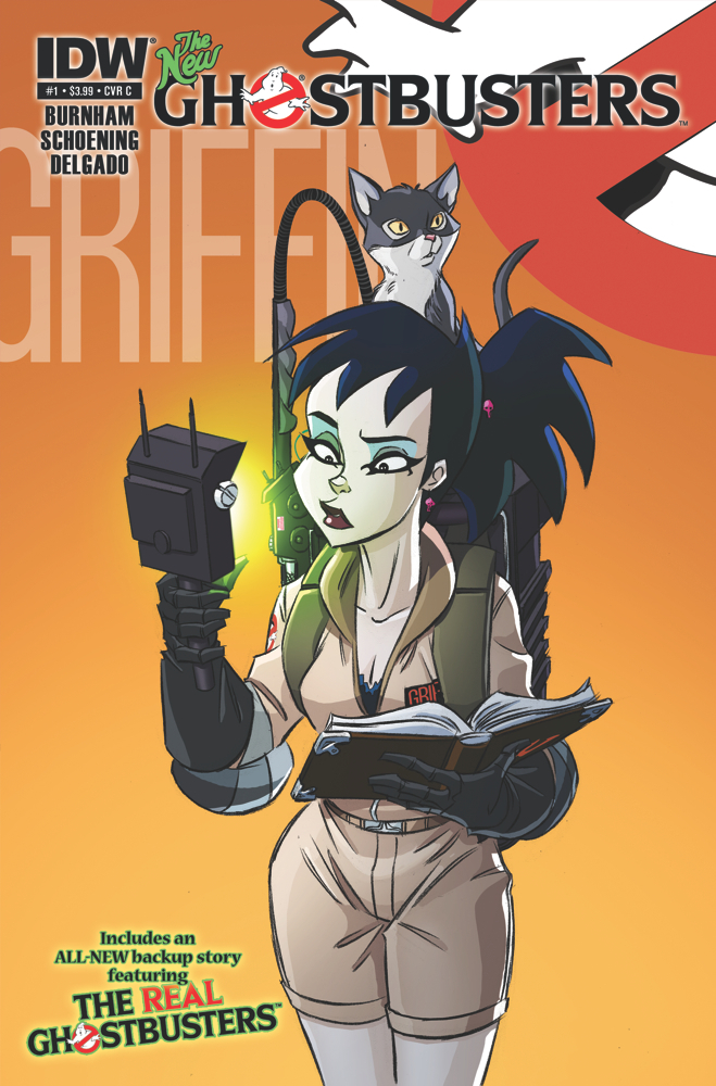 ambiguous_gender black_eyes book cat cleavage clothed clothing comic cover ear_piercing english_text eyeshadow feline female ghostbusters gloves human kylie_griffin lips lipstick makeup mammal official_art piercing ponytail red_lips text