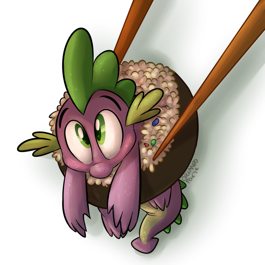 2014 ? chopsticks cute dragon food friendship_is_magic green_eyes male my_little_pony solo spike_(mlp) sushi thedoggygal