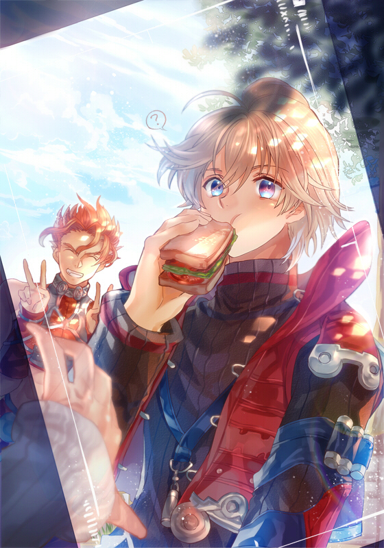 2boys ? blonde_hair double_v eating fiorun food multiple_boys nadir rein_(xenoblade) sandwich shulk v vest xenoblade_(series) xenoblade_1