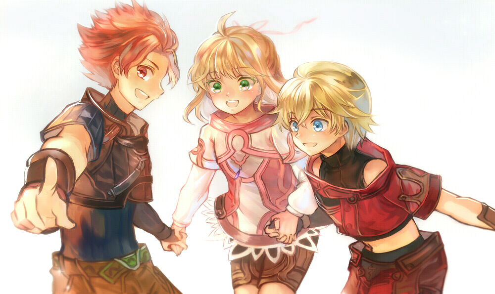 2boys blonde_hair child fiorun midriff multiple_boys nadir red_hair rein_(xenoblade) shulk xenoblade_(series) xenoblade_1 younger