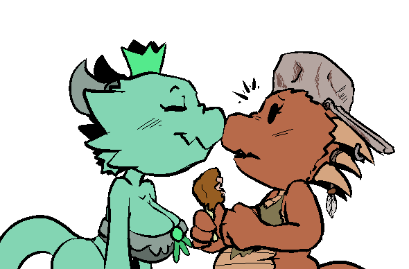 alpha_channel big_breasts blush breasts chubby clothed clothing cooking_pot crown eskimo_kiss female flat_chested food horn kissing kobold kobold_princess okiedokielowkey pixel_art plain_background princess reptile royalty saucepan scalie size_difference skimpy torn_clothing towergirls transparent_background