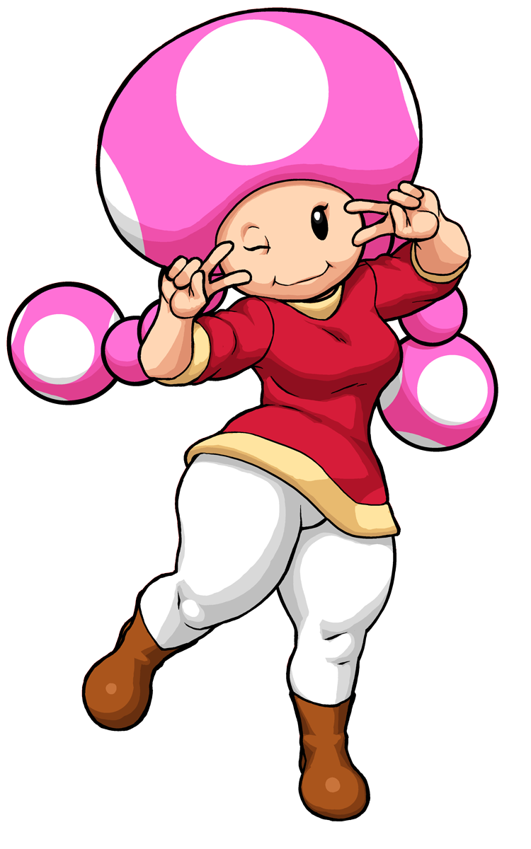 ;) breasts double_v highres long_hair mario_(series) mushroom nikcesco one_eye_closed pants pink_hair smile solo super_mario_bros. thick_thighs thighs toadette twintails v v_over_eye