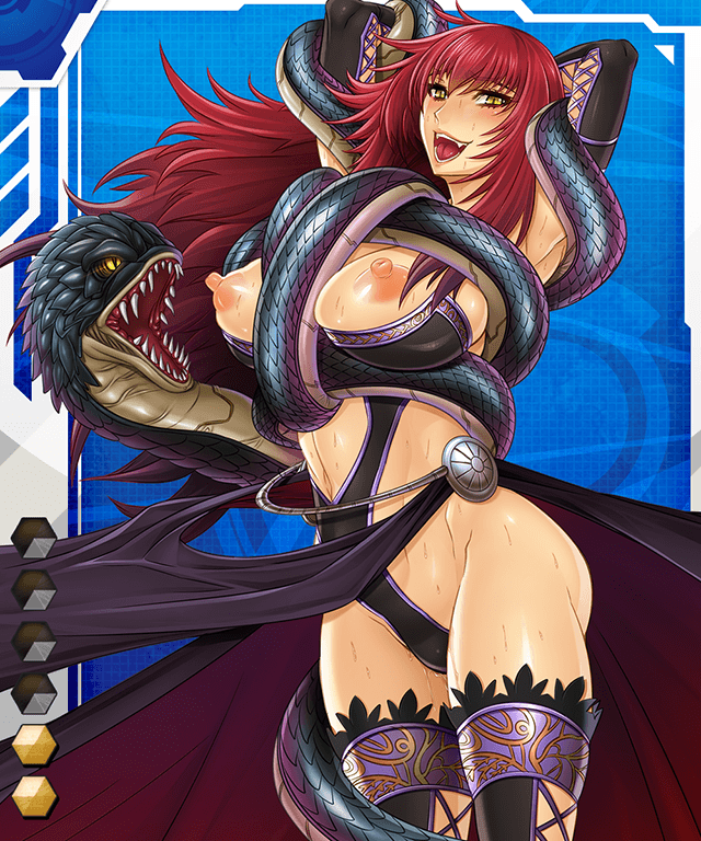 1girl algol_(taimanin_asagi) asagiri breasts fangs large_breasts lilith-soft long_hair monster nipples red_hair restrained snake taimanin_asagi taimanin_asagi_battle_arena yellow_eyes