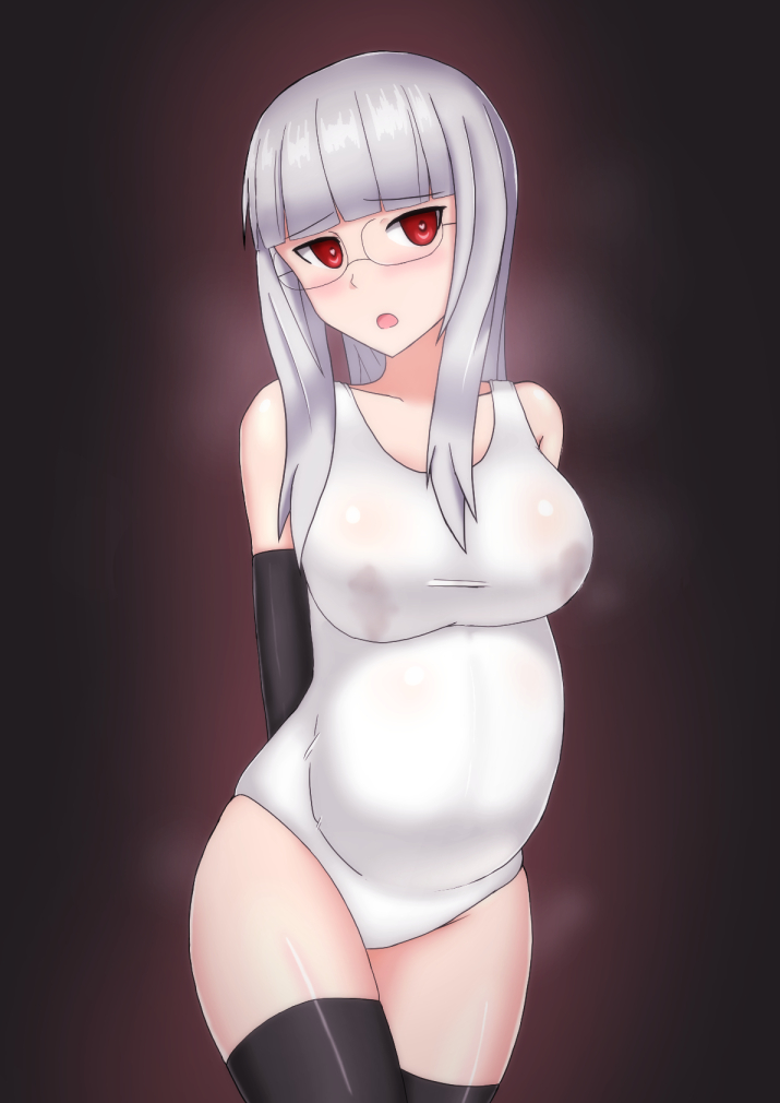bangs black_gloves blush breasts collarbone elbow_gloves glasses gloves hachimitsu-b heart heart-shaped_pupils heidimarie_w_schnaufer large_breasts long_hair looking_at_viewer one-piece_swimsuit open_mouth pregnant red_eyes solo strike_witches swimsuit symbol-shaped_pupils thighhighs white_hair world_witches_series