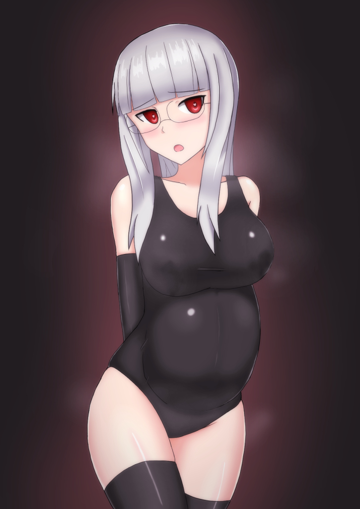 bangs blush breasts collarbone glasses gloves hachimitsu-b heart heart-shaped_pupils heidimarie_w_schnaufer large_breasts long_hair looking_at_viewer one-piece_swimsuit open_mouth pregnant red_eyes solo strike_witches swimsuit symbol-shaped_pupils thighhighs white_hair world_witches_series