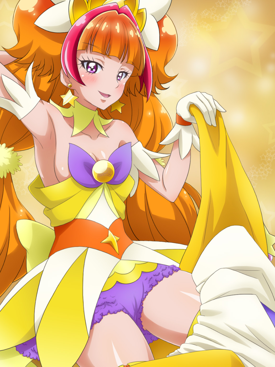 amanogawa_kirara arm_up armpits bare_shoulders brown_hair choker cure_twinkle earrings gloves go!_princess_precure highres jewelry long_hair looking_at_viewer magical_girl mameshiba multicolored_hair open_mouth precure purple_eyes red_hair skirt skirt_removed smile solo star star_earrings streaked_hair twintails two-tone_hair very_long_hair