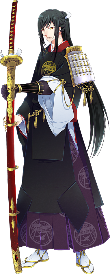 black_hair hakama japanese_clothes katana kojiri koshirae male_focus official_art ponytail purple_hakama same-hada samurai sandals saya_(scabbard) solo sword tabi tarou_tachi touken_ranbu transparent_background tsuba_(guard) tsuka-ito tsuka_(handle) uehara_(higanbachi) weapon wide_sleeves yellow_eyes