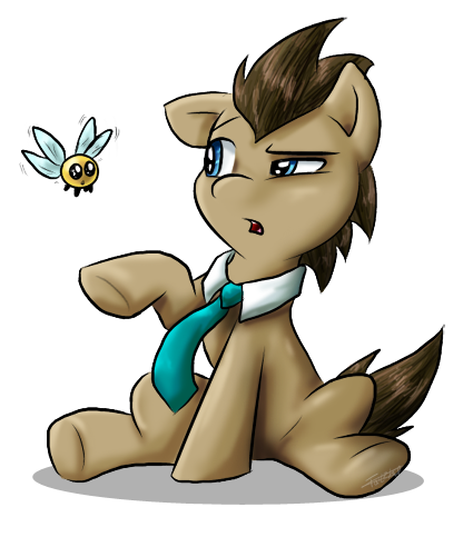 2013 ambiguous_gender blue_eyes brown_fur brown_hair cute doctor_whooves_(mlp) feral friendship_is_magic fur hair male my_little_pony necktie open_mouth parasprite_(mlp) plain_background size_difference tailzkip wings