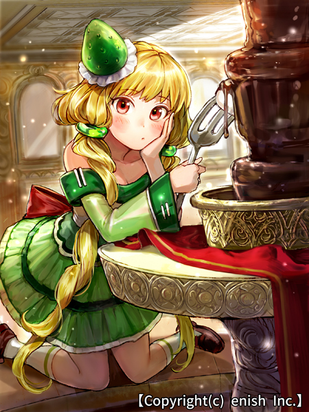 bad_id bad_pixiv_id blonde_hair blush character_request chin_rest chocolate chocolate_fountain company_name detached_sleeves dragon_tactics dress fork green_dress hair_ornament ichinose777 indoors kneeling light_particles long_hair official_art pedestal red_eyes shoes sleeveless sleeveless_dress socks solo twintails very_long_hair watermark