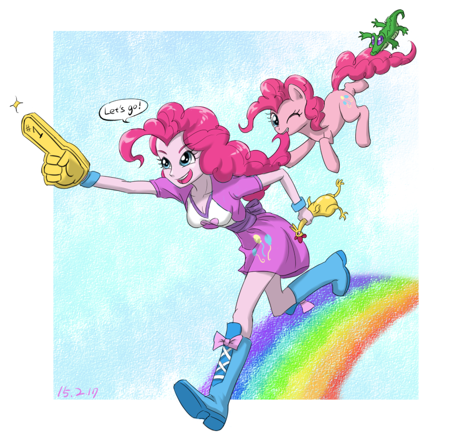 2015 alligator blue_eyes boneless_(mlp) boots bracelet clothing cloud cutie_mark dialogue english_text equestria_girls equine female foam_finger friendship_is_magic gummy_(mlp) hair horse jewelry looking_at_viewer mammal my_little_pony one_eye_closed outside pink_hair pinkie_pie_(eg) pinkie_pie_(mlp) pony purple_eyes rainbow reptile rubber_chicken scalie sky ta-na text wink wristband