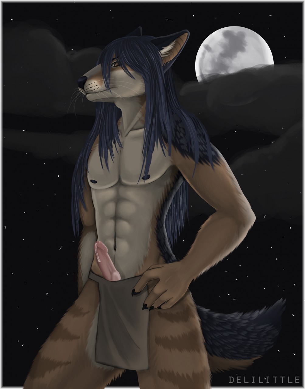 2015 abs animal_genitalia anthro black_fur black_hair brown_eyes brown_fur canine canine_penis clothed clothing delilittle erection fur hair half-dressed jackal knot long_hair looking_at_viewer male mammal moon night nipples penis pose precum solo standing star stripes topless tribal white_fur