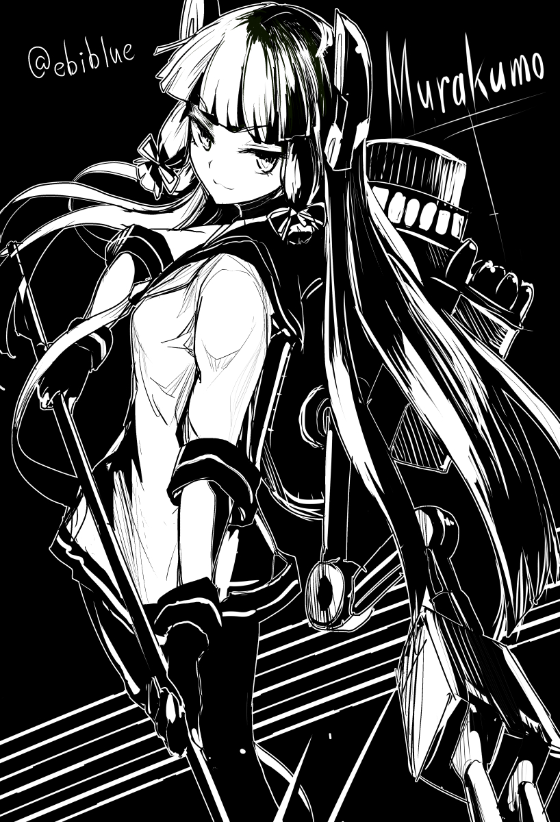 bangs black_background blunt_bangs character_name dress ebiblue fingerless_gloves gloves greyscale headgear highres kantai_collection long_hair looking_at_viewer machinery monochrome murakumo_(kantai_collection) neckerchief pantyhose polearm sailor_collar sailor_dress sidelocks simple_background solo twitter_username weapon
