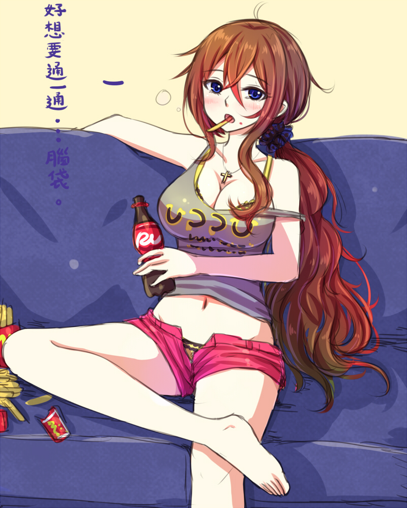 belly_peek blue_eyes blush bottle bra breasts brown_hair chinese cleavage couch cross cross_necklace crossed_legs eating food food_on_face french_fries jewelry large_breasts legs long_hair midriff mouth_hold navel necklace off_shoulder open_fly original panties ponytail scrunchie short_shorts shorts sitting soda_bottle solo strap_slip suikakitsu_shiro tank_top thighs translated underwear unzipped xia_you_qing