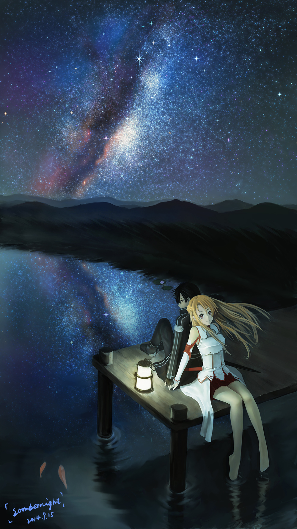 1girl asuna_(sao) dock highres kirito sky sombernight star_(sky) starry_sky sword_art_online water