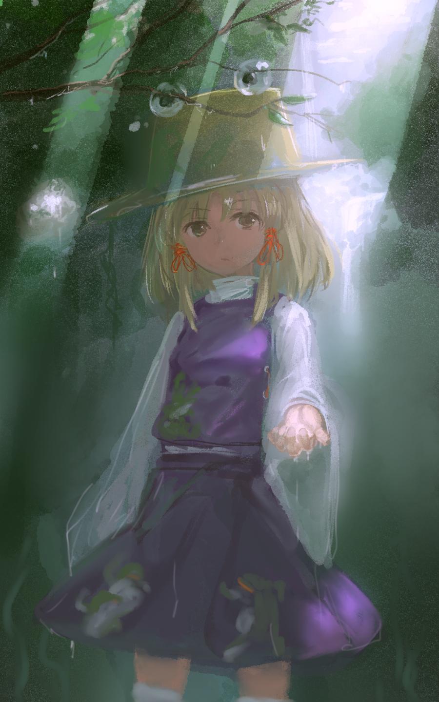 blonde_hair circlek frog hair_ribbon hat highres light_rays moriya_suwako ribbon short_hair solo touhou water yellow_eyes