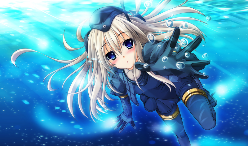 aoi_hiro blue_eyes jacket kantai_collection long_hair looking_at_viewer parted_lips reaching silver_hair solo submerged u-511_(kantai_collection) underwater