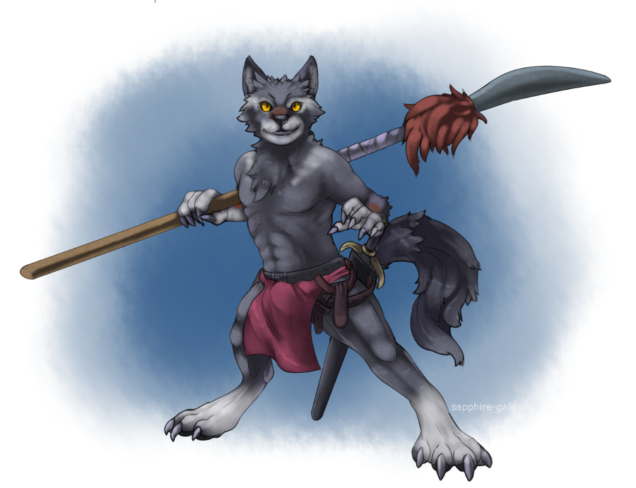 aetherel canine clothing loincloth looking_at_viewer male mammal polearm sapphire-gale solo spear sword weapon wolf yellow_eyes