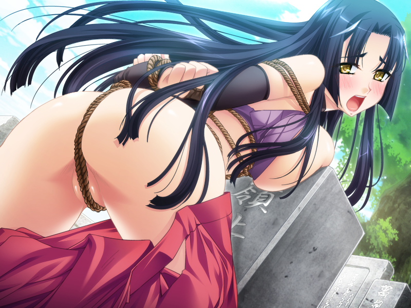 1girl arms_behind_back asakura_sakura ass back bdsm black_hair blush bondage bound bra breast_press breasts breasts_outside censored cloud clouds elbow_gloves game_cg gloves grave highres huge_breasts knight_carnival legs long_hair looking_back miko no_panties open_mouth pussy rope sasayuki shibari skirt sky solo standing thighs tied_up tristan_(knight_carnival) underwear yellow_eyes