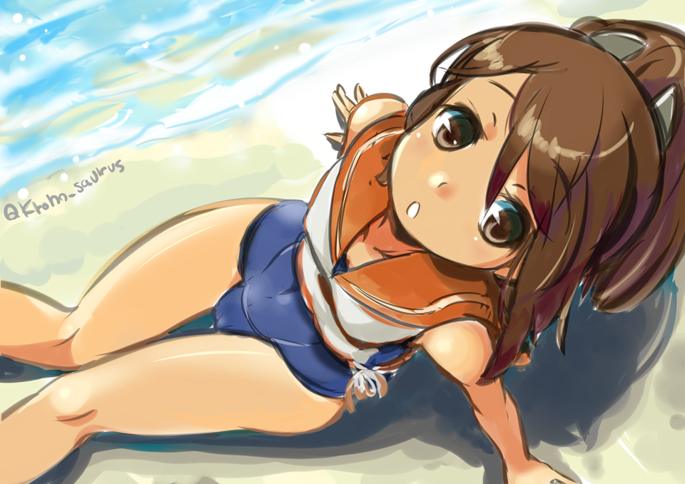 beach blue_swimsuit brown_eyes brown_hair hair_ornament i-401_(kantai_collection) kantai_collection kurono_tokage long_hair looking_at_viewer one-piece_swimsuit open_mouth ponytail sitting solo swimsuit