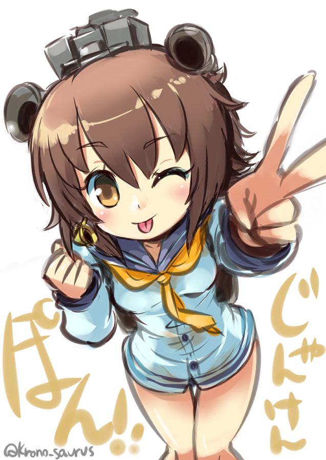 ;p bangs brown_hair dress foreshortening hair_ornament headset horns kantai_collection kurono_tokage neckerchief one_eye_closed short_hair smile solo tongue tongue_out translation_request v white_dress yellow_eyes yukikaze_(kantai_collection)