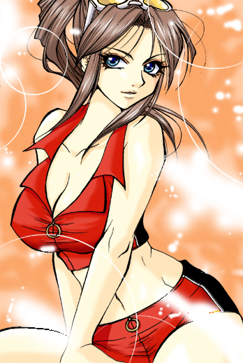 blue_eyes breasts brown_hair claire_redfield cleavage large_breasts long_hair ponytail resident_evil shorts solo