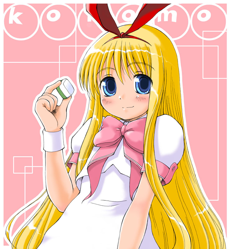 amae_koromo bangs blonde_hair blue_eyes blush bow bowtie closed_mouth dress eyebrows_visible_through_hair hair_between_eyes hairband long_hair looking_at_viewer mahjong outline pink_bow pink_neckwear puffy_short_sleeves puffy_sleeves red_hairband red_ribbon ribbon saki short_sleeves smile solo straight_hair velfro very_long_hair white_dress white_outline wristband