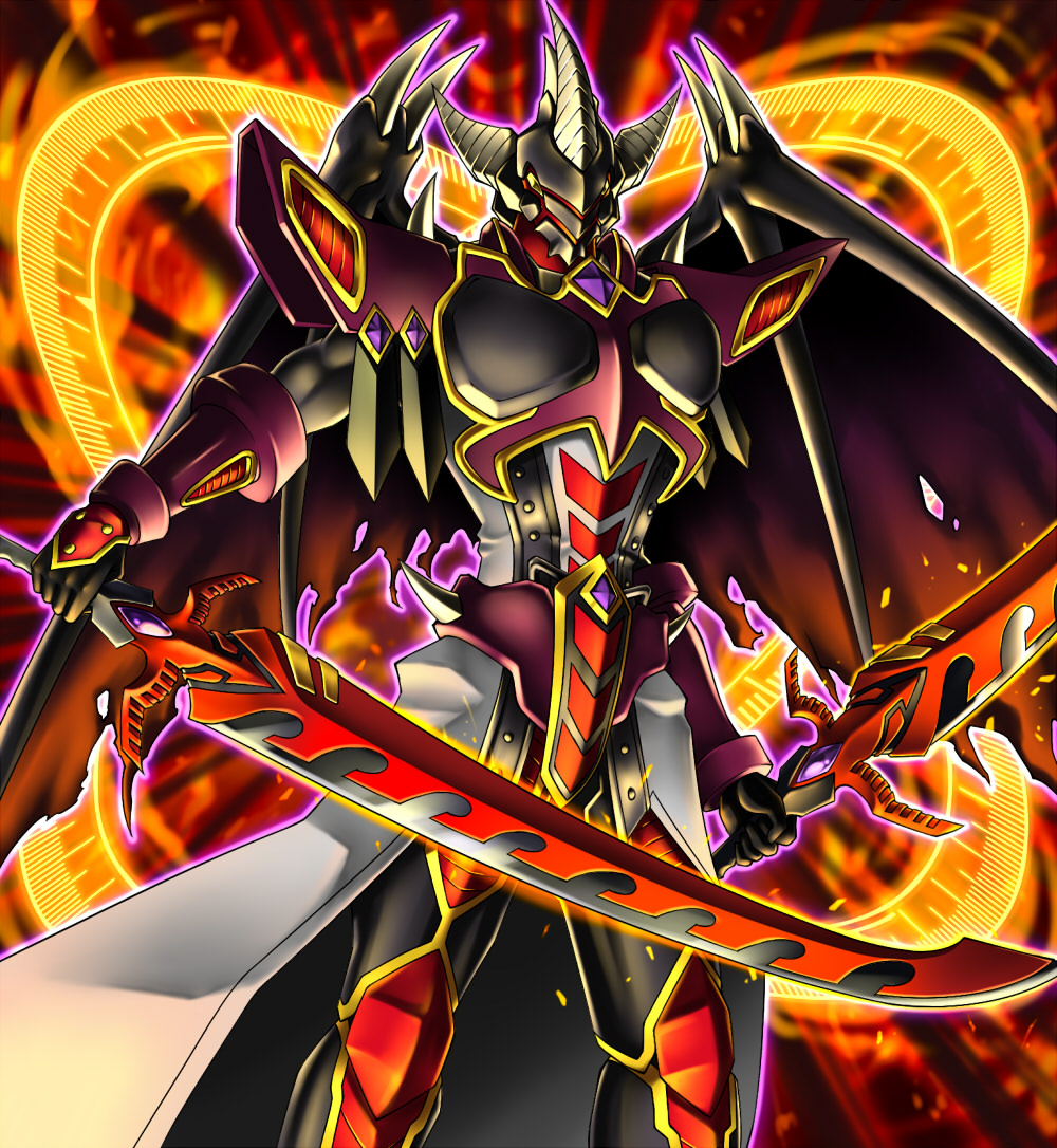 armor breastplate dragon_wings dual_wielding duel_monster full_armor greaves holding horns humanization knight omega_na_hito red_dragon_archfiend shoulder_pads sword weapon wings yuu-gi-ou