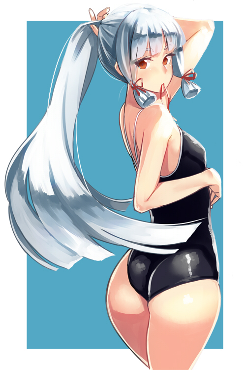 alternate_costume ass bangs blunt_bangs blush competition_school_swimsuit hair_ribbon kantai_collection long_hair looking_at_viewer mouth_hold murakumo_(kantai_collection) one-piece_swimsuit red_eyes ribbon silver_hair simple_background solo swimsuit takamura_wamu