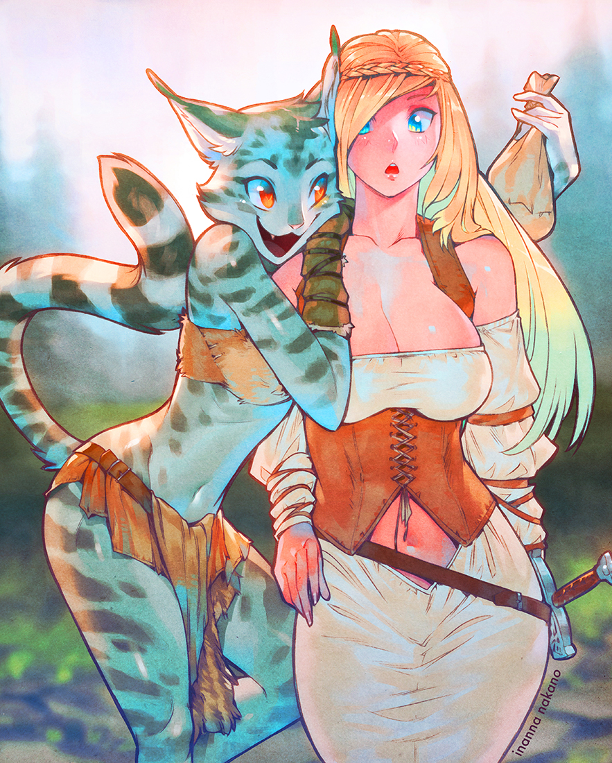 anthro belt big_breasts blonde_hair blue_eyes breasts cleavage clothed clothing duo feline hair human inanna-nakano khajit loincloth mammal navel nord open_mouth orange_eyes pouch sword the_elder_scrolls_v:_skyrim video_games weapon