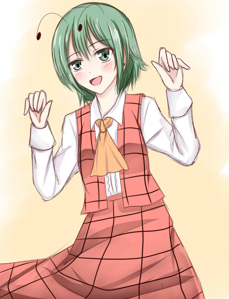 antennae ascot bad_id bad_pixiv_id cosplay green_eyes green_hair kazami_yuuka kazami_yuuka_(cosplay) long_sleeves open_clothes open_mouth open_vest shirt skirt skirt_set smile solo touhou vest wendell wriggle_nightbug