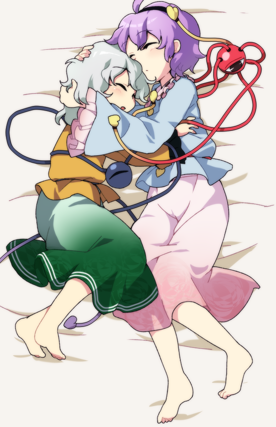 ahoge aqua_hair asyura7 barefoot blouse frilled_sleeves frills headband heart hug komeiji_koishi komeiji_satori lavender_hair long_sleeves lying multiple_girls on_bed on_side open_mouth short_hair siblings sisters skirt sleeping third_eye touhou