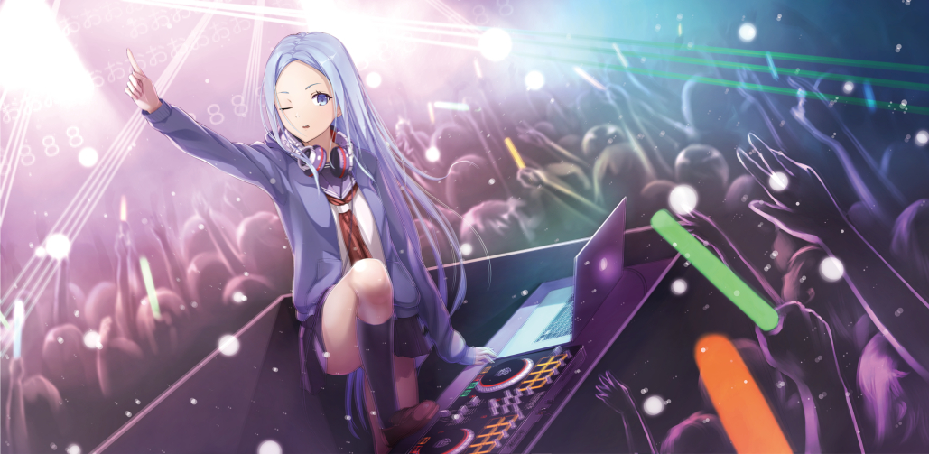 black_legwear black_skirt blue_eyes blue_hair blue_jacket blurry brown_footwear computer crowd dj glowstick headphones headphones_around_neck hood hoodie hyp jacket laptop long_hair miniskirt nightclub one_eye_closed original phonograph pointing pointing_up school_uniform serafuku shoes skirt solo_focus stepping thighhighs turntable very_long_hair