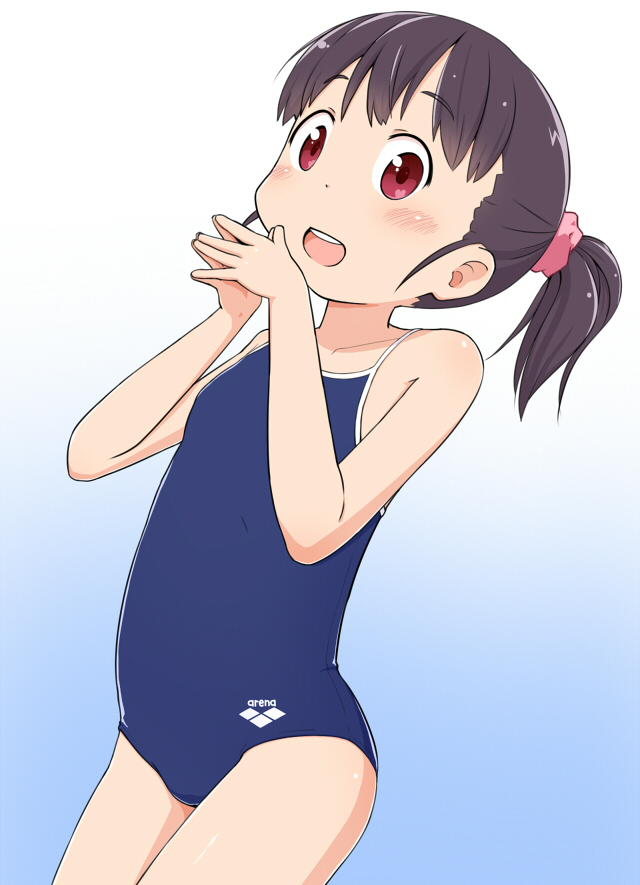 :d arena_(company) black_hair competition_school_swimsuit one-piece_swimsuit open_mouth original red_eyes school_swimsuit short_hair smile solo swimsuit tomboo