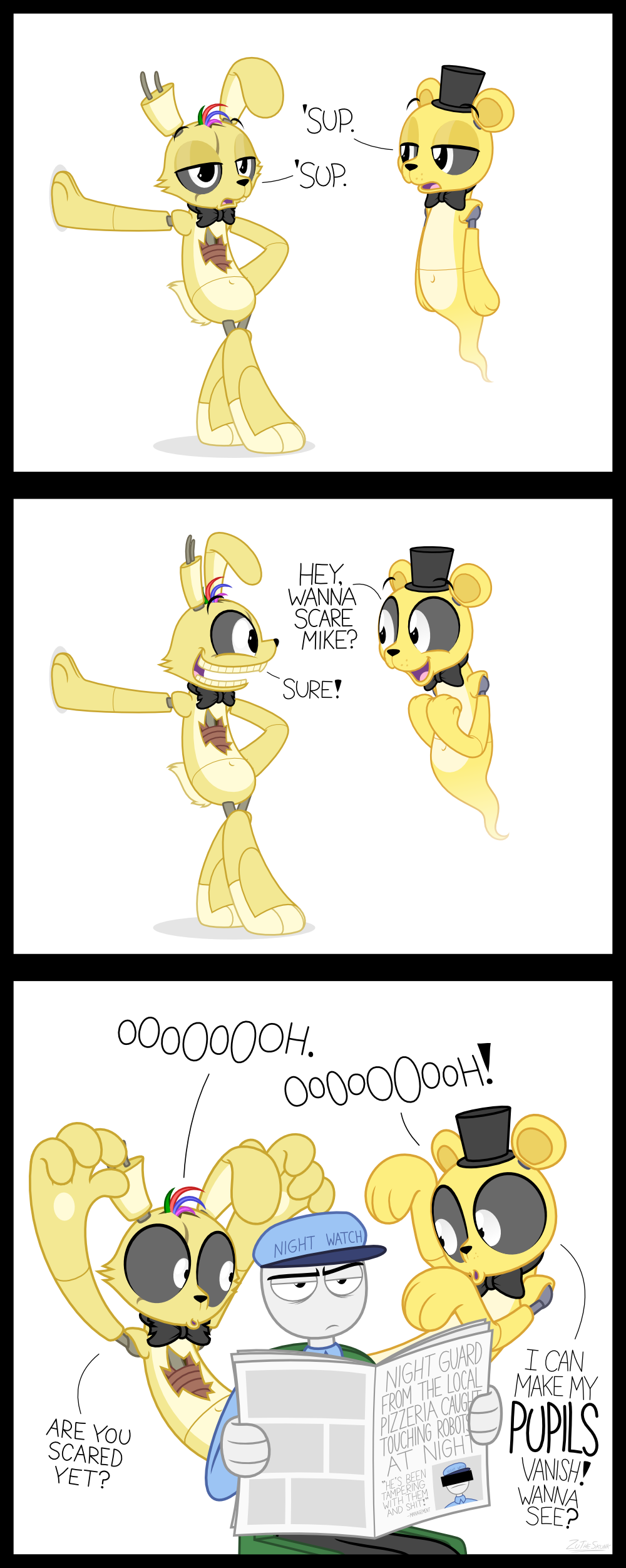 2015 animatronic annoyed bear bow_tie clothed clothing comic dialogue english_text five_nights_at_freddy's five_nights_at_freddy's_3 ghost glowing glowing_eyes golden_freddy_(fnaf) grin happy hat human humor lagomorph machine male mammal mechanical mike_schmidt open_mouth rabbit robot scar sitting smile spirit springtrap_(fnaf) standing teeth text vector zutheskunk